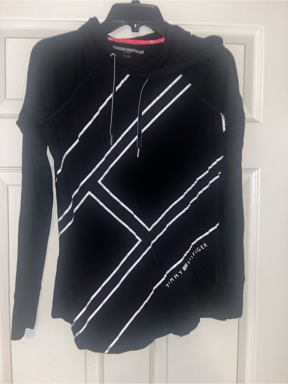 Tommy Hilfiger Black Hooded Long-Sleeve Top with White Graphic Stripes